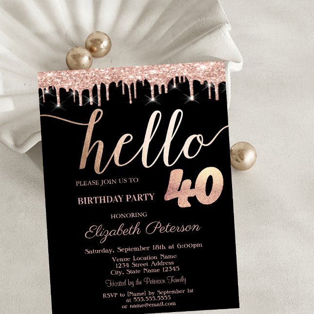 Invitación Cumpleaños 40 con Glitter Drips Rosa Dorado (Subido por el creador)