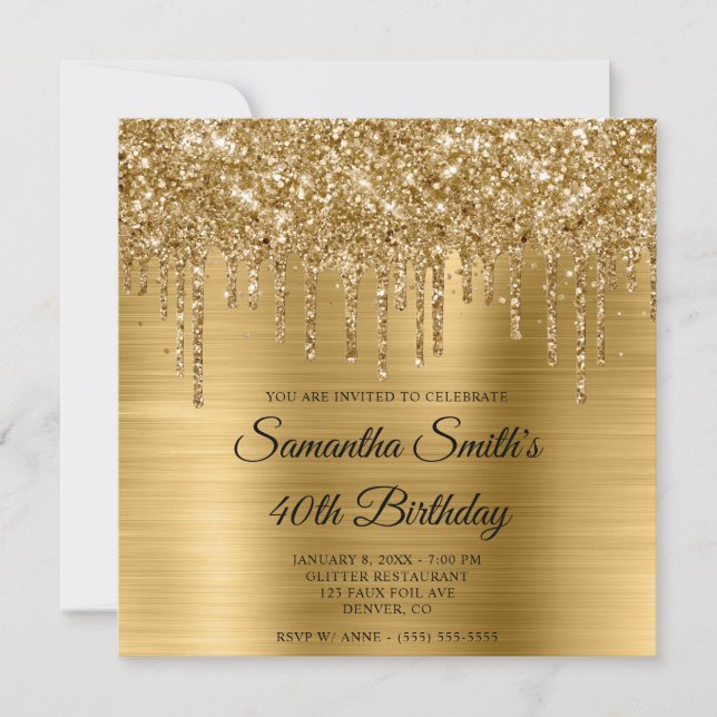 Invitación Cumpleaños 40 con Glitter y Hojuela de Oro (Anverso)