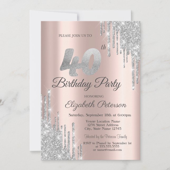 Invitación Cumpleaños 40 con gotas de purpurina plateada sobr (Anverso)