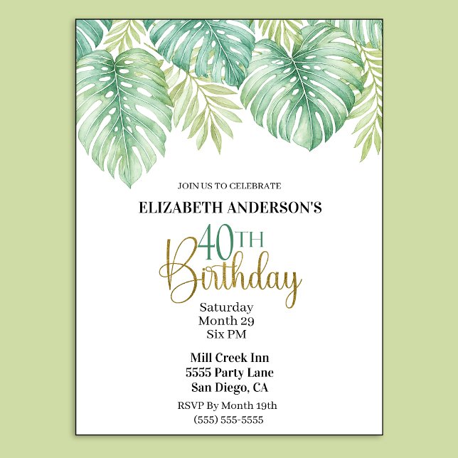 Invitación Cumpleaños 40 con Hojas Tropicales Acuarela (Watercolor Tropical Leaves 40th Birthday Invitation.)