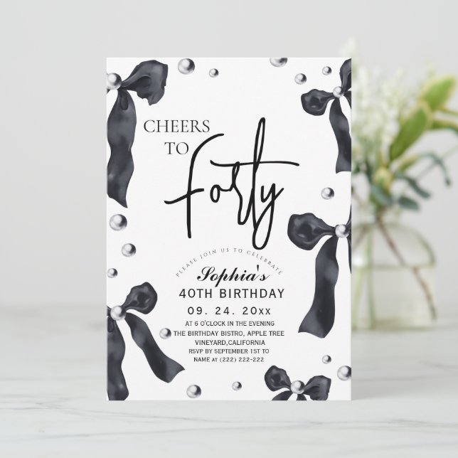 Invitación Cumpleaños 40 con lazo negro y blanco (Anverso de pie)
