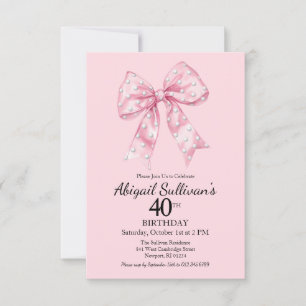 Invitación Cumpleaños 40 con lazo rosa y lunares de pelota de