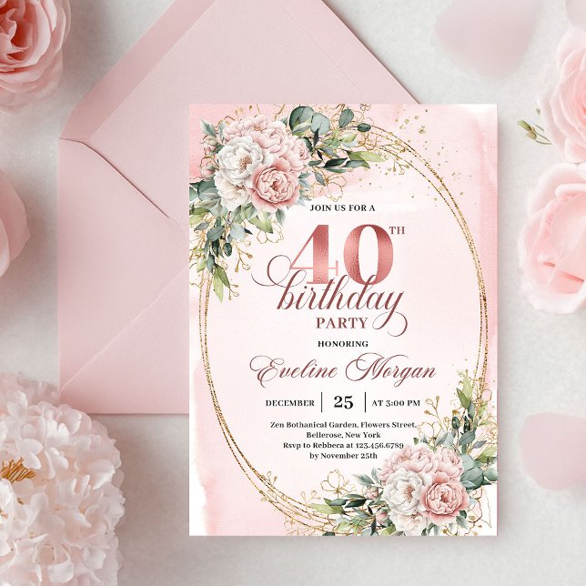 Invitación Cumpleaños 40 con Rosas Bohemianas de Moda en Rosa (Trendy Bohemian Rose Gold Flowers 40th Birthday Invitation)