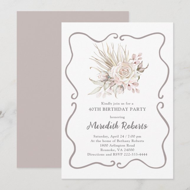 Invitación Cumpleaños 40 con Rosas Rosadas Rubor (Anverso / Reverso)