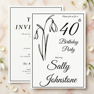 Invitación Cumpleaños 40 copo de nieve floral negro y blanco