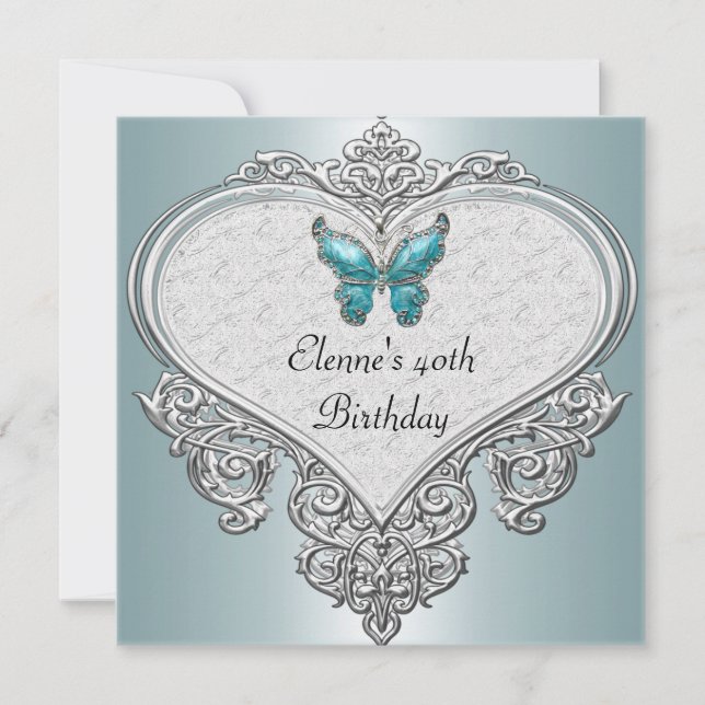 Invitación Cumpleaños 40 corazón suave joya mariposa azul tea (Anverso)