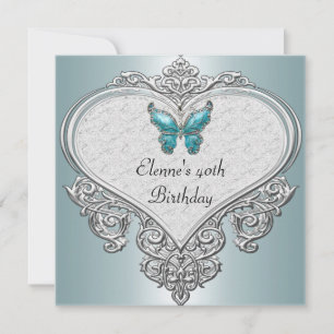 Invitación Cumpleaños 40 corazón suave joya mariposa azul tea