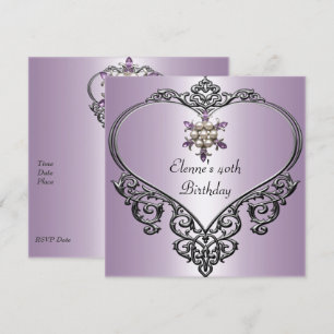 Invitación Cumpleaños 40 corazón suave perla morada joya