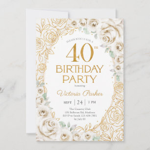 Invitación Cumpleaños 40 crema dorado floral femenino