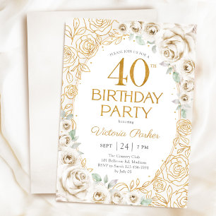 Invitación Cumpleaños 40 crema dorado floral femenino