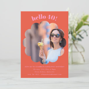 Invitación Cumpleaños 40 cuarenta naranja rosa con forma de f