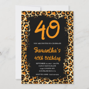 Invitación Cumpleaños 40 de Copper Gold Leopard Painted Black