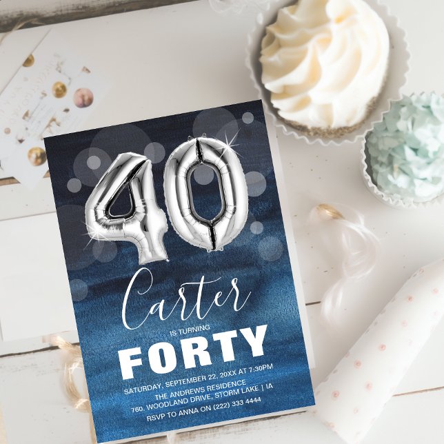 Invitación Cumpleaños 40 de Forty Blue & Silver Balloons (Subido por el creador)
