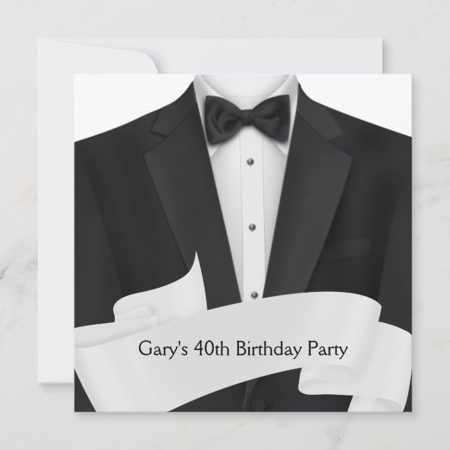 Invitación Cumpleaños 40 de Hombre Esmoquin Negro Blanco (Anverso)