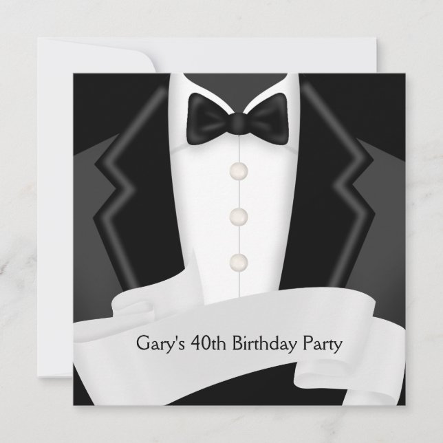 Invitación Cumpleaños 40 de Hombre Esmoquin Negro Blanco (Anverso)