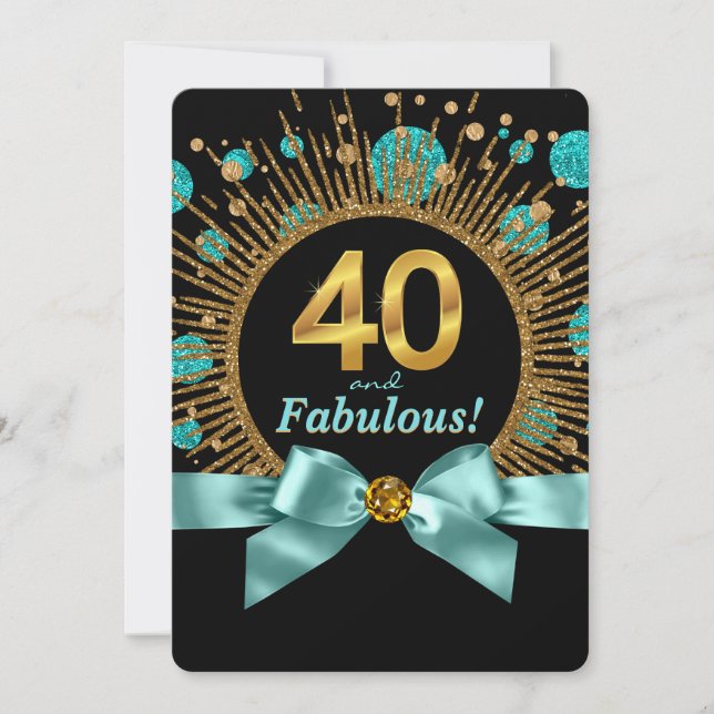 Invitación Cumpleaños 40 de mujer azul turquesa y brillo dora (Anverso)