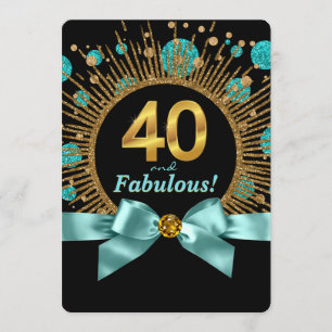 Invitación Cumpleaños 40 de mujer azul turquesa y brillo dora