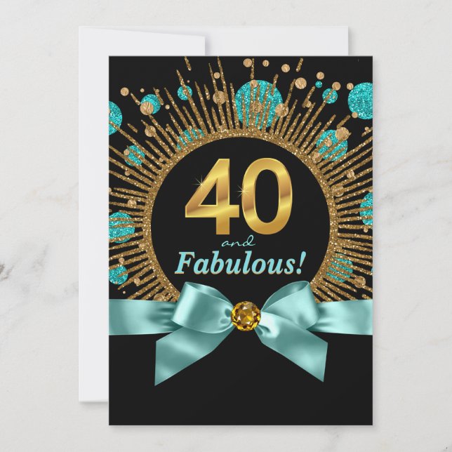 Invitación Cumpleaños 40 de Mujer Brillo Azul Turquesa y Dora (Anverso)