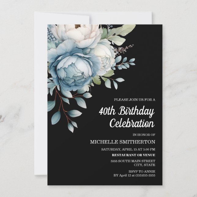 Invitación Cumpleaños 40 de mujer con flores azules y blancas (Anverso)