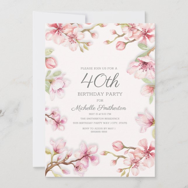 Invitación Cumpleaños 40 de mujer con flores rosadas y hojas  (Anverso)