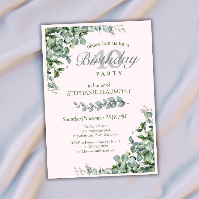 Invitación Cumpleaños 40 de mujer con flores rosadas y verdes (Subido por el creador)