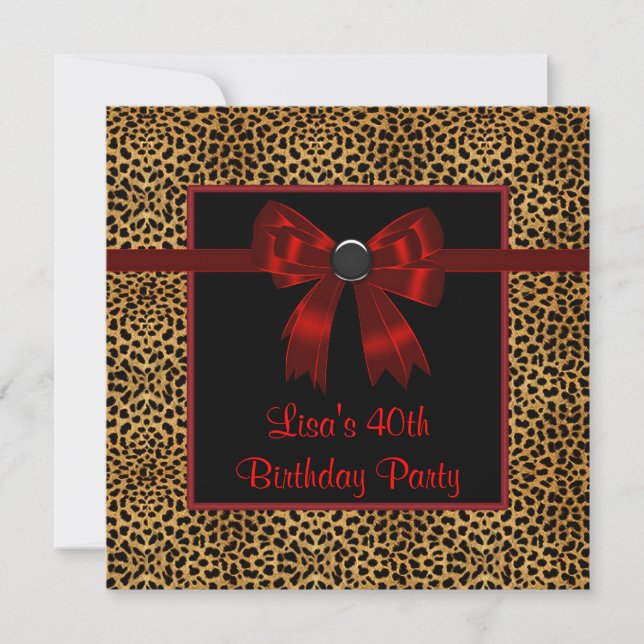 Invitación Cumpleaños 40 de mujer con lazo rojo leopardo (Anverso)