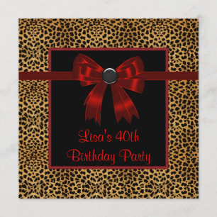 Invitación Cumpleaños 40 de mujer con lazo rojo leopardo