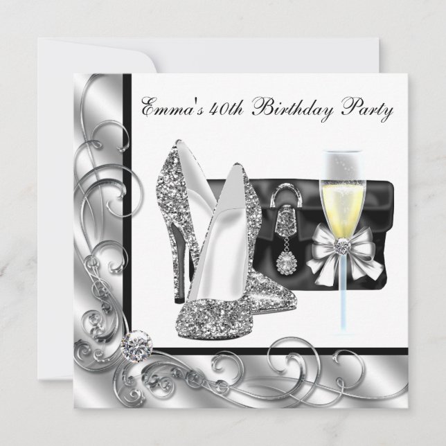 Invitación Cumpleaños 40 de mujer en blanco y negro (Anverso)