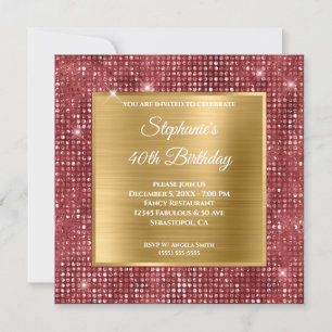 Invitación Cumpleaños 40 de oro y rubí con diamantes en papel