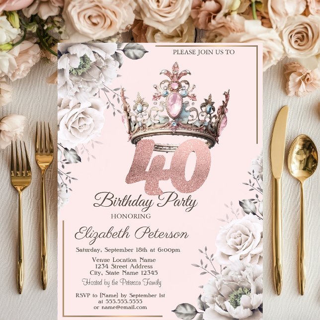 Invitación Cumpleaños 40 de Princess Crown Floral (Subido por el creador)