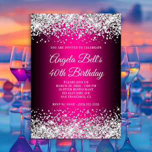 Invitación Cumpleaños 40 de Purpurina Plateada Negra y Rosa F