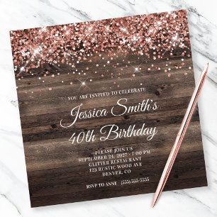 Invitación Cumpleaños 40 de Rosa Dorado Brillante Madera Rúst