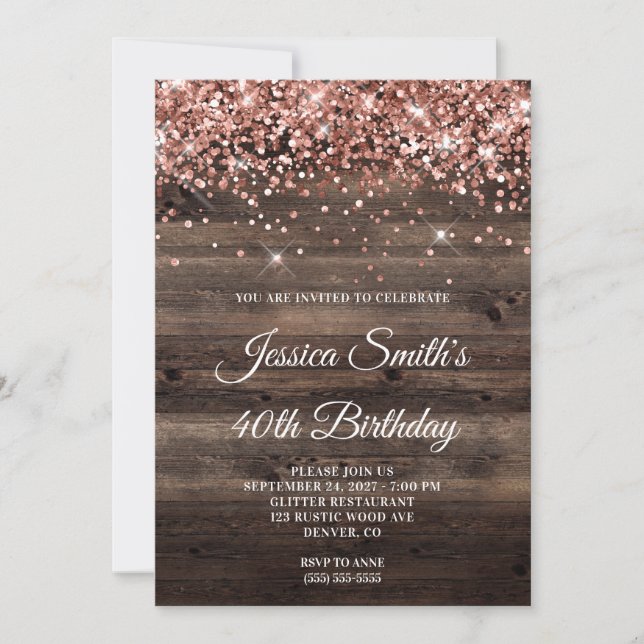 Invitación Cumpleaños 40 de Rosa Dorado Brillante Madera Rúst (Anverso)