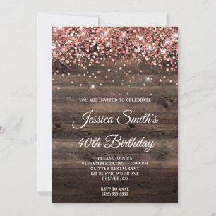 Invitación Cumpleaños 40 de Rosa Dorado Brillante Madera Rúst