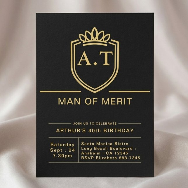 Invitación Cumpleaños 40 del Esposo Fiesta de Oro Negro (40th birthday invite on cloth background.)
