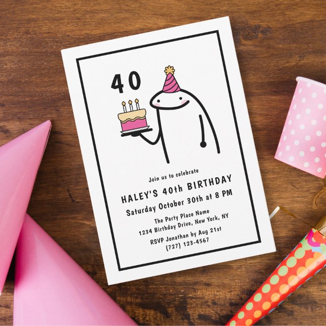 Invitación Cumpleaños 40 divertido meme simple en blanco y ne (Subido por el creador)