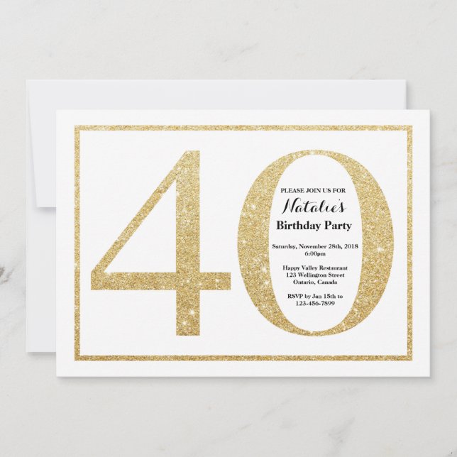 Invitación Cumpleaños 40 Dorado Brillante (Anverso)