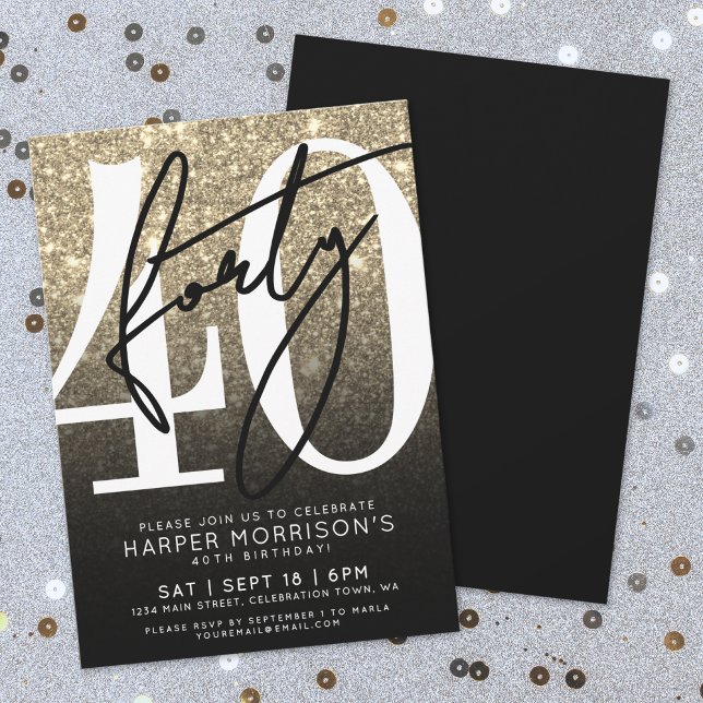 Invitación Cumpleaños 40 Dorado Brillante (Rose Gold Pink Glitter 40th Birthday Invitation)