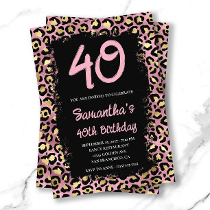 Invitación Cumpleaños 40 dorado y rosa con estampado de leopa