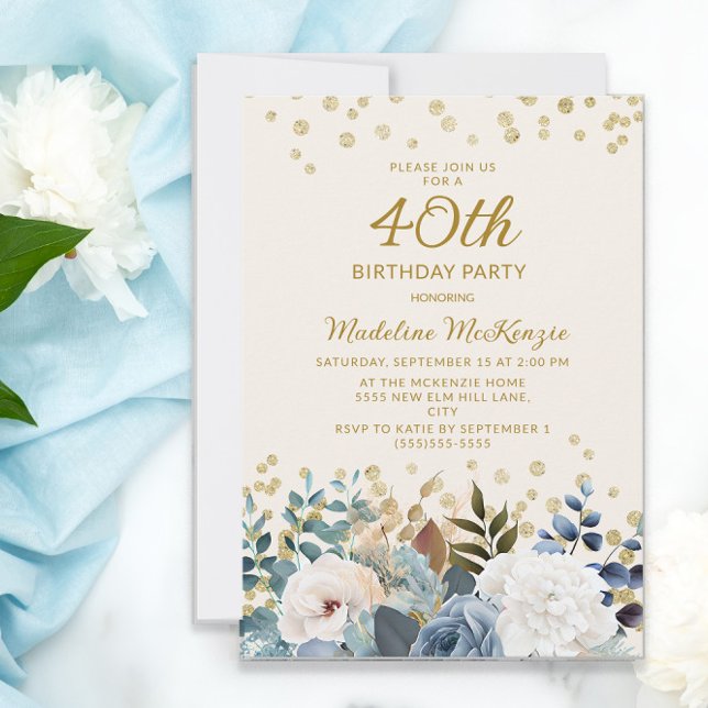 Invitación Cumpleaños 40 Dusty Blue White Floral Gold (Subido por el creador)