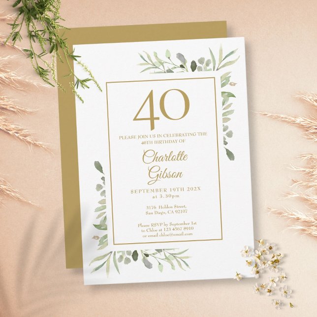 Invitación Cumpleaños 40 Elegante Acuarela Dorada en Verde (Subido por el creador)