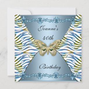 Invitación Cumpleaños 40 Elegante Azul Animal Raya Mariposa
