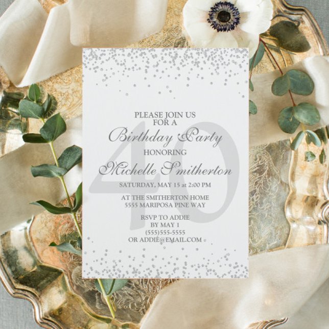 Invitación Cumpleaños 40 Elegante Blanco Gris Plateado Brilla (Subido por el creador)