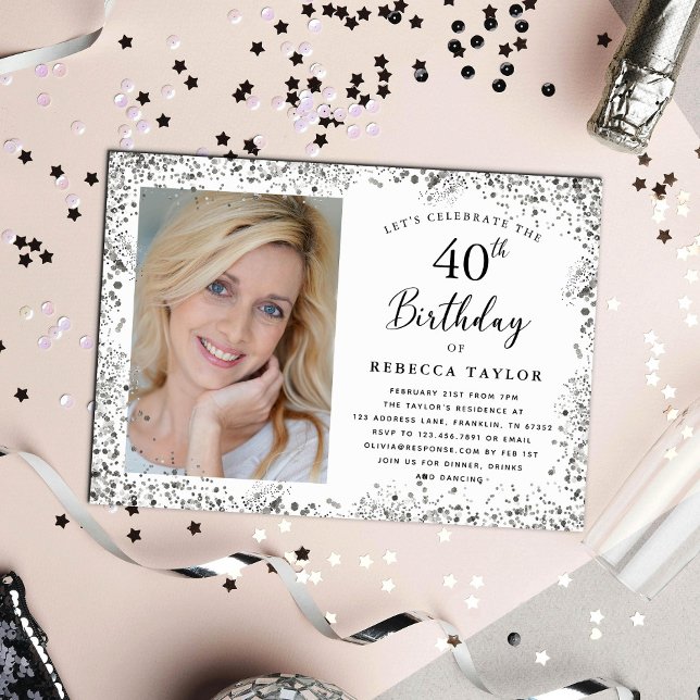 Invitación Cumpleaños 40 Elegante con Brillo de Plata (Subido por el creador)