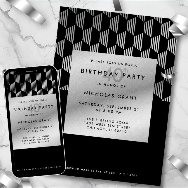Invitación Cumpleaños 40 elegante con lámina de plata falsa y (Subido por el creador)
