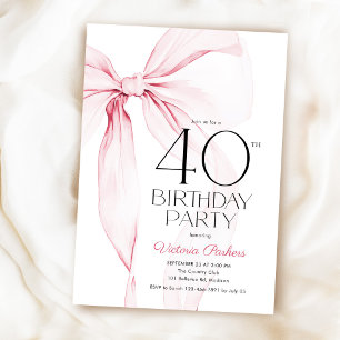 Invitación Cumpleaños 40 Elegante Coqueta con Lazo Rosa