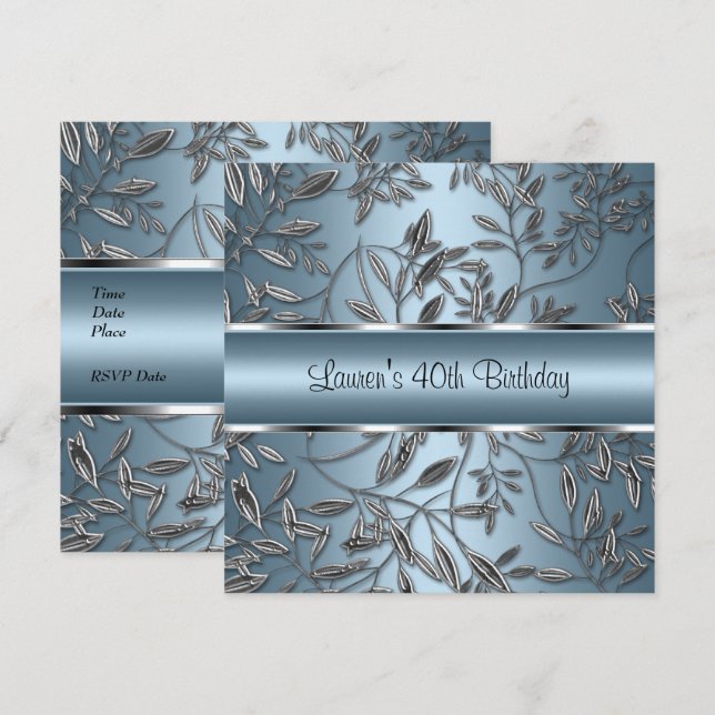 Invitación Cumpleaños 40 Elegante Floral Azul Plateado (Anverso / Reverso)