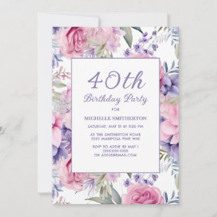 Invitación Cumpleaños 40 Elegante Floral Rosa Púrpura