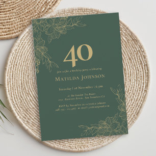 Invitación Cumpleaños 40 Elegante Floral Verde Dorado