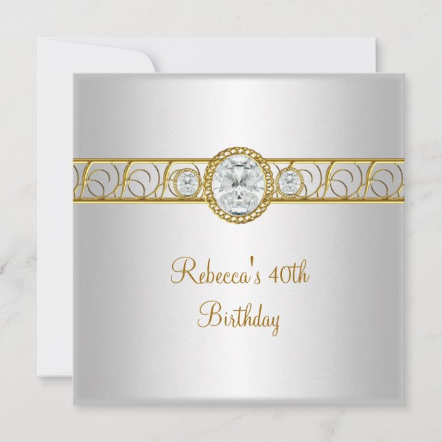 Invitación Cumpleaños 40 Elegante Joya de Diamante de Oro Bla (Anverso)